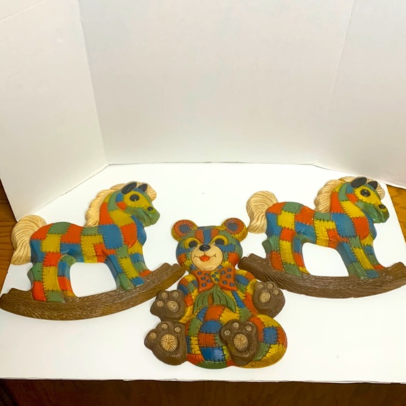 70’s Patchwork Collection | 2 Rocking Horses & 1 Teddy Bear Artwork Wall Hangs - Picture 2 of 13